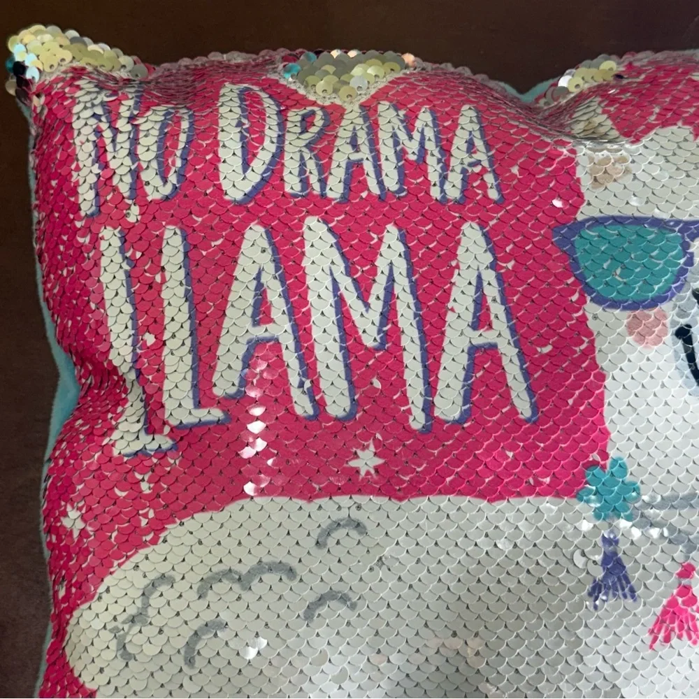 No Drama Llama Sequin Flip Pillow – Pink & Silver – 8.5” × 8.5” – Like New